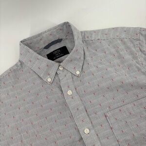 1901 Mens Trim Fit Short Sleeve Button Down Shirt Gray Red Stripe Pattern Size M